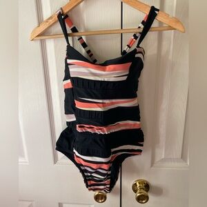 NWOT! ROSA CHA Black Striped Ruched Convertible Back One Piece Swimsuit SZ L